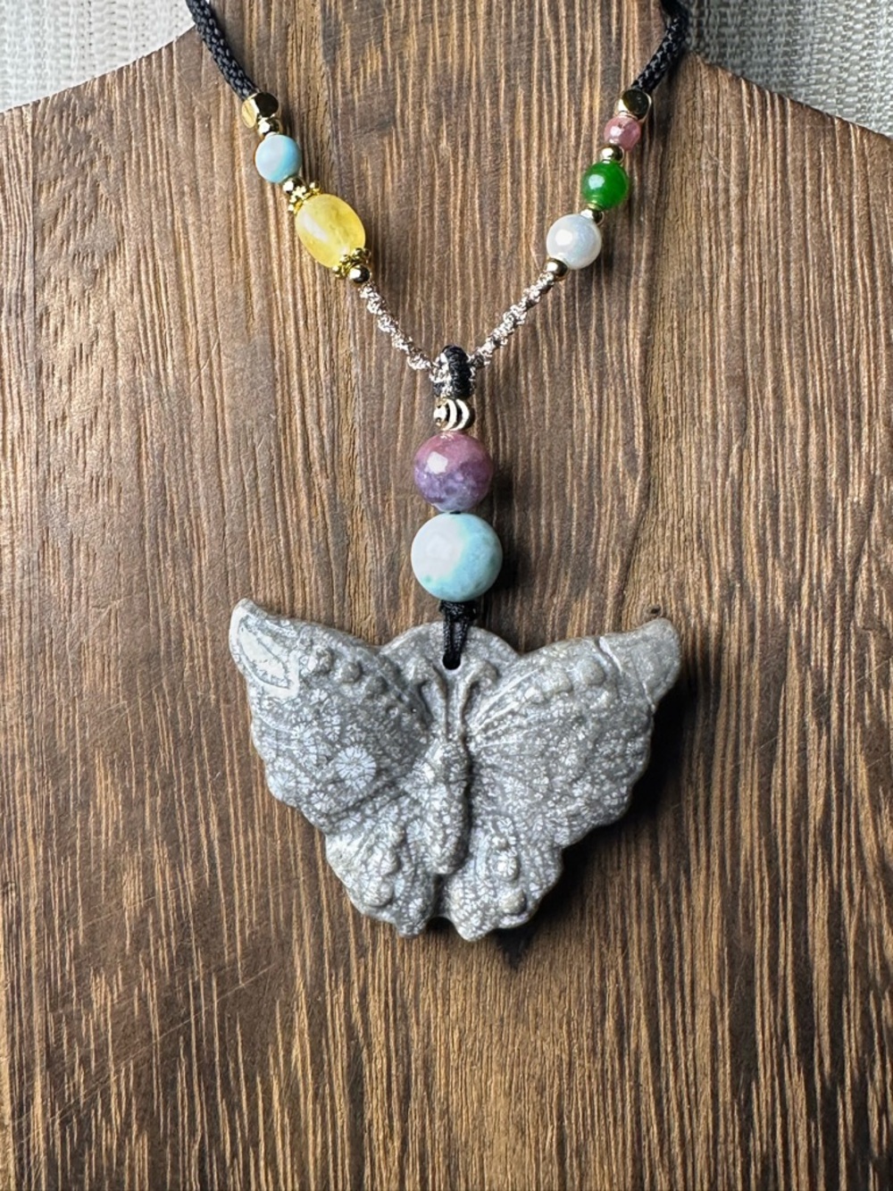 Black Coral Jade Fossil Butterfly Pendant Necklace, Larimar and Agate on Rope
